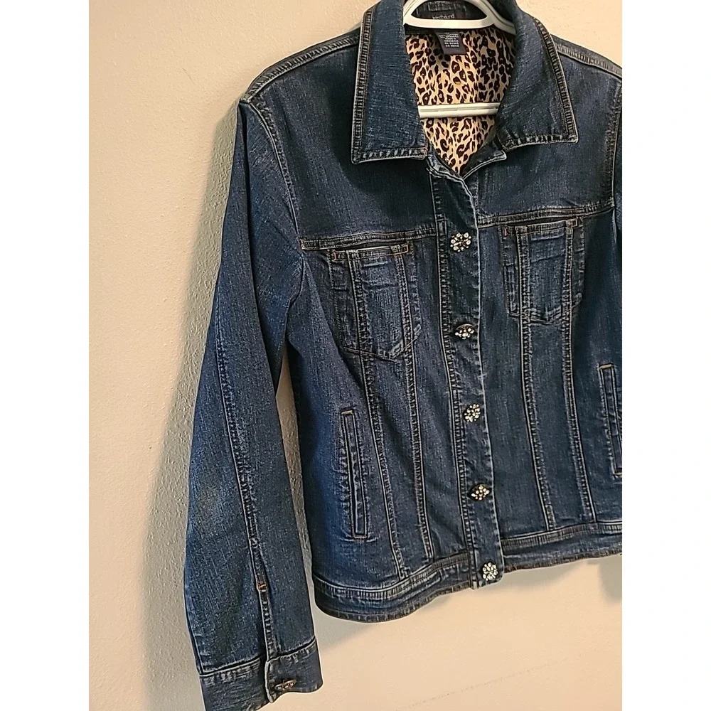 Westbound Vintage Dark Wash Jean Jacket Rhinestone Buttons Women 8‎ Animal Print
